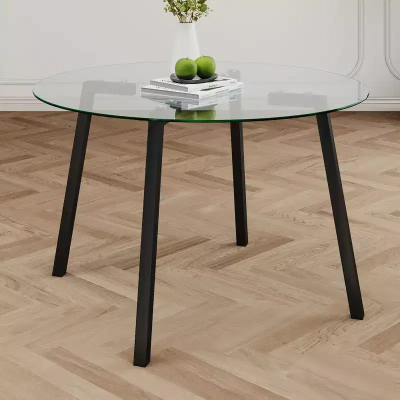 Tavolo da pranzo rotondo moderno di lusso con piano in vetro e gambe in metallo per sala da pranzo