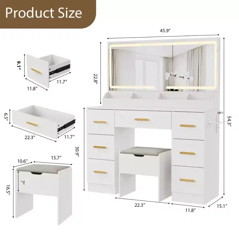 Tocador con espejo iluminado, scrivania per trucco con presa di corrente, 3 modalità di illuminazione a colori, luminosità regolabile, tavolo da 46" con sgabello imbottito morbido per camera da letto