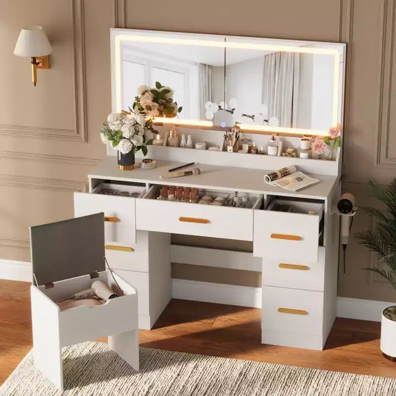Tocador con espejo iluminado, scrivania per trucco con presa di corrente, 3 modalità di illuminazione a colori, luminosità regolabile, tavolo da 46" con sgabello imbottito morbido per camera da letto