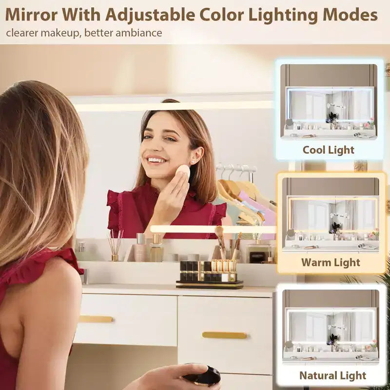 Tocador con espejo iluminado, scrivania per trucco con presa di corrente, 3 modalità di illuminazione a colori, luminosità regolabile, tavolo da 46" con sgabello imbottito morbido per camera da letto