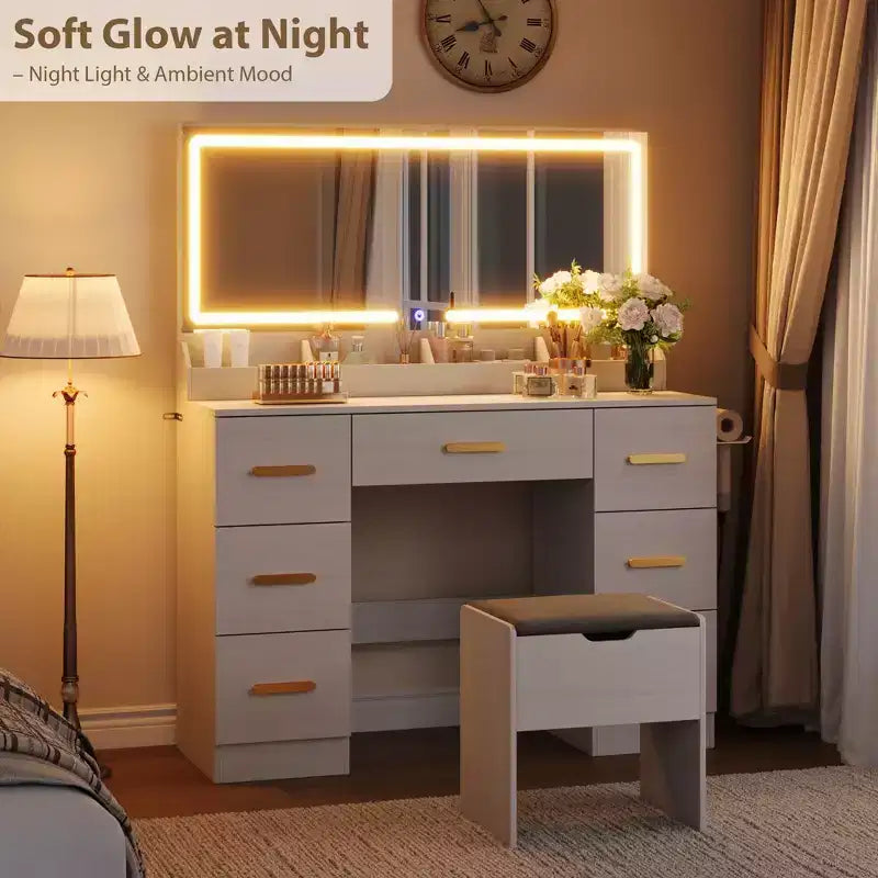 Tocador con espejo iluminado, scrivania per trucco con presa di corrente, 3 modalità di illuminazione a colori, luminosità regolabile, tavolo da 46" con sgabello imbottito morbido per camera da letto