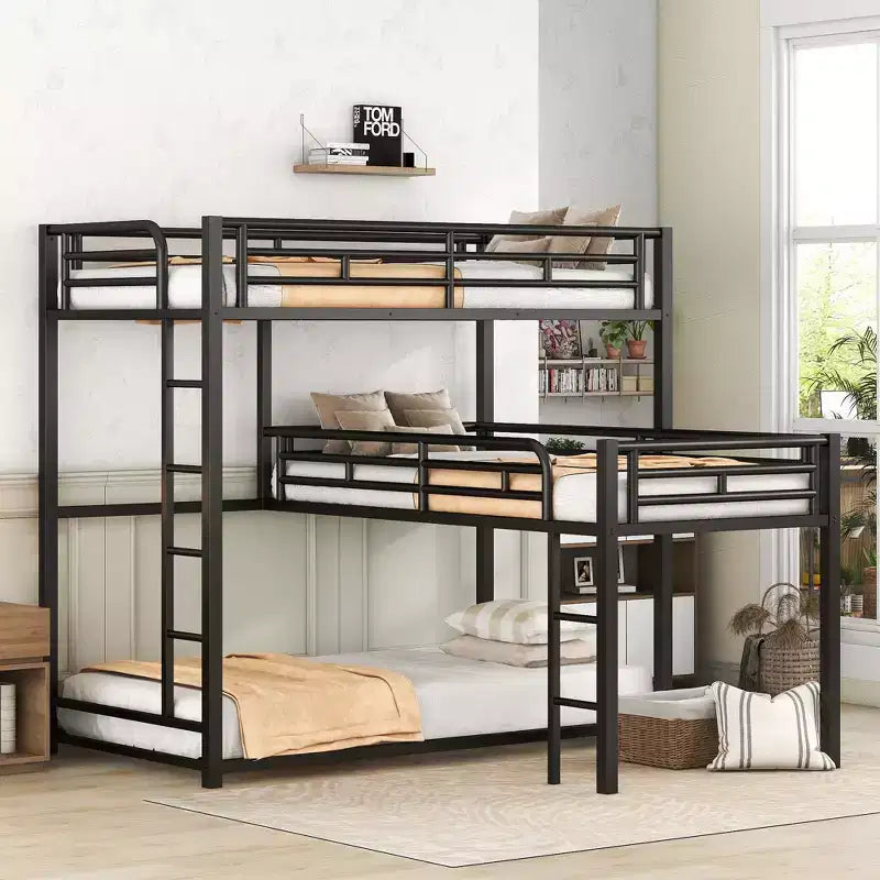 Letto a castello in metallo per 3 bambini, a L, a una piazza e mezza, a tre letti a castello per bambini, ragazzi, adulti, nero