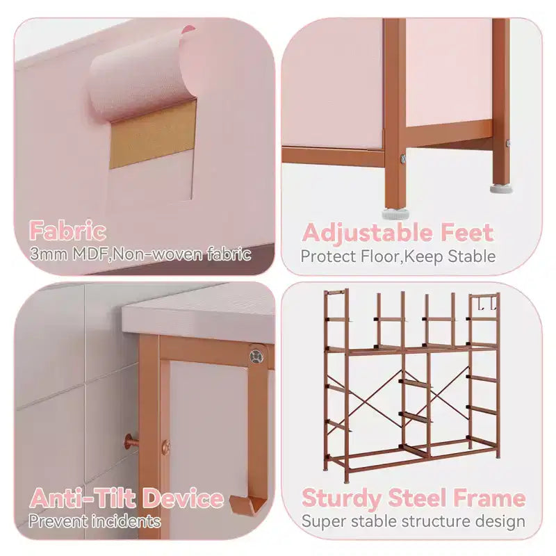 Comò a 12 cassetti con tasca laterale, struttura in acciaio, piano in legno per camera da letto, cameretta bambini, armadio, ingresso
