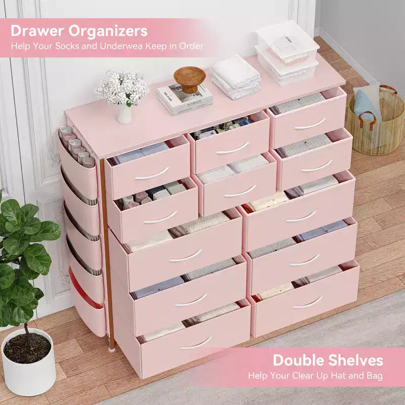 Comò a 12 cassetti con tasca laterale, struttura in acciaio, piano in legno per camera da letto, cameretta bambini, armadio, ingresso