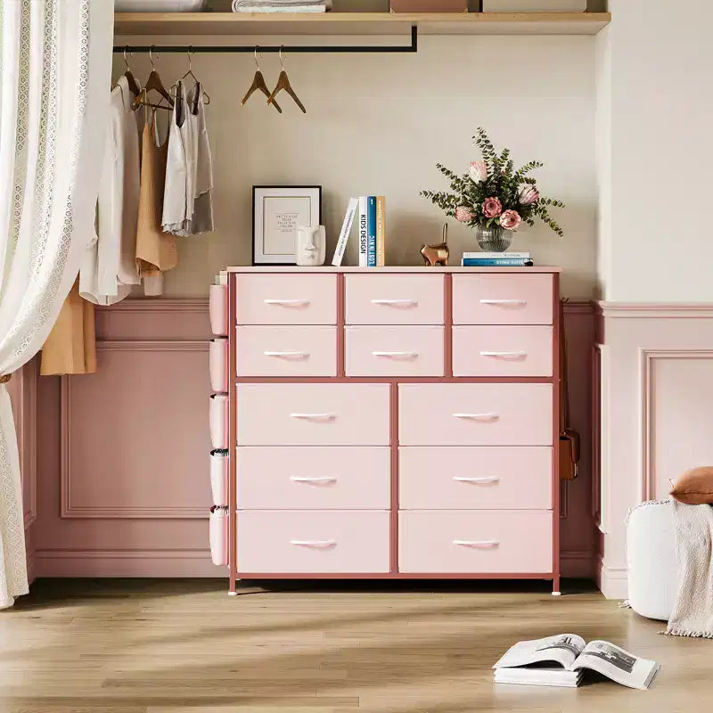 Comò a 12 cassetti con tasca laterale, struttura in acciaio, piano in legno per camera da letto, cameretta bambini, armadio, ingresso