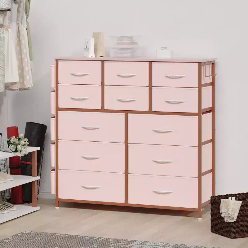 Comò a 12 cassetti con tasca laterale, struttura in acciaio, piano in legno per camera da letto, cameretta bambini, armadio, ingresso