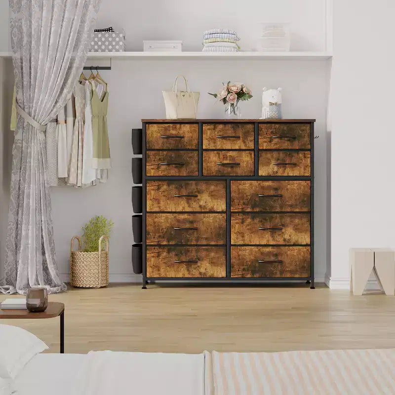 Comò a 12 cassetti con tasca laterale, struttura in acciaio, piano in legno per camera da letto, cameretta bambini, armadio, ingresso