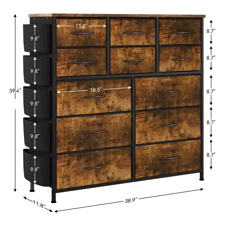 Comò a 12 cassetti con tasca laterale, struttura in acciaio, piano in legno per camera da letto, cameretta bambini, armadio, ingresso