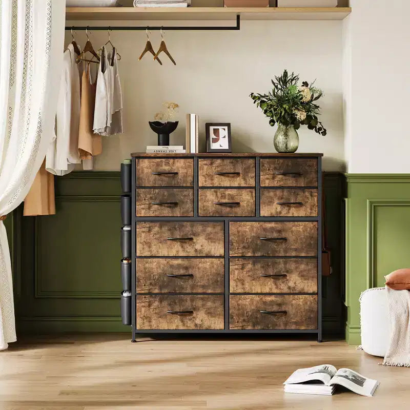 Comò a 12 cassetti con tasca laterale, struttura in acciaio, piano in legno per camera da letto, cameretta bambini, armadio, ingresso