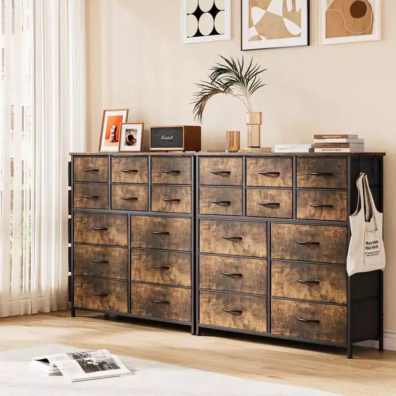 Comò a 12 cassetti con tasca laterale, struttura in acciaio, piano in legno per camera da letto, cameretta bambini, armadio, ingresso