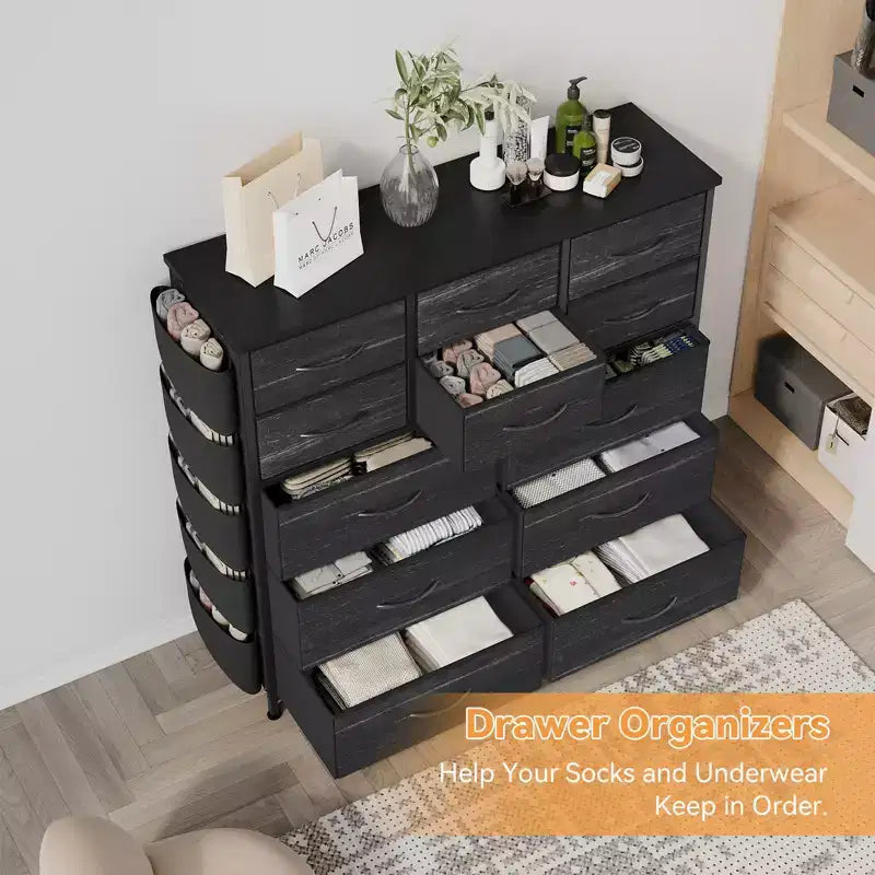 Comò a 12 cassetti con tasca laterale, struttura in acciaio, piano in legno per camera da letto, cameretta bambini, armadio, ingresso