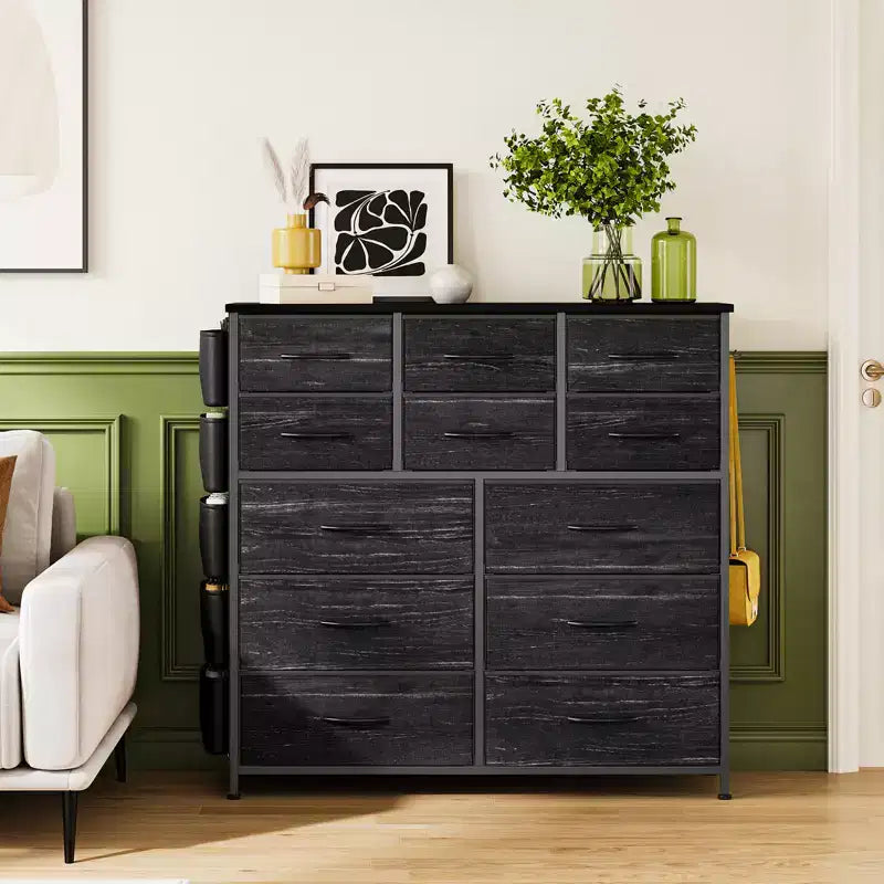 Comò a 12 cassetti con tasca laterale, struttura in acciaio, piano in legno per camera da letto, cameretta bambini, armadio, ingresso