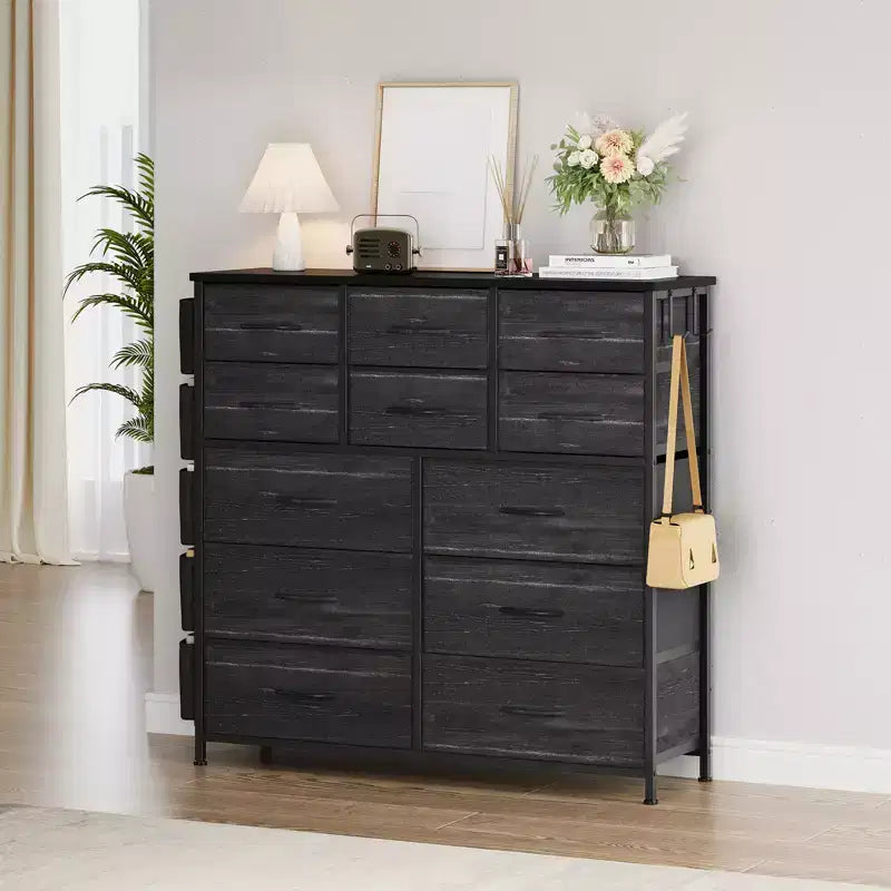 Comò a 12 cassetti con tasca laterale, struttura in acciaio, piano in legno per camera da letto, cameretta bambini, armadio, ingresso