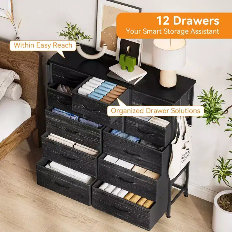 Comò a 12 cassetti con tasca laterale, struttura in acciaio, piano in legno per camera da letto, cameretta bambini, armadio, ingresso