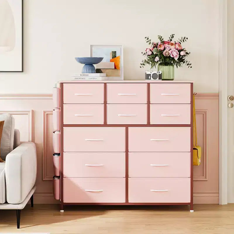 Comò a 12 cassetti con tasca laterale, struttura in acciaio, piano in legno per camera da letto, cameretta bambini, armadio, ingresso