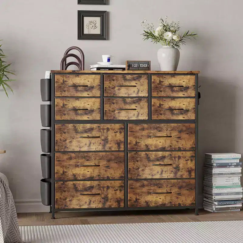 Comò a 12 cassetti con tasca laterale, struttura in acciaio, piano in legno per camera da letto, cameretta bambini, armadio, ingresso