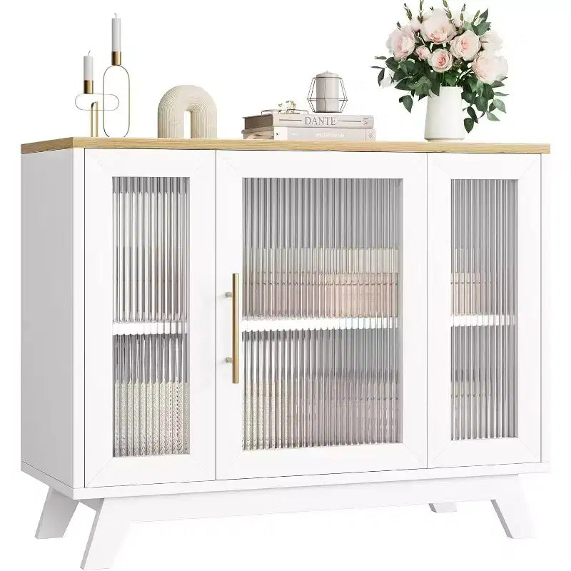 36 Mobiletto credenza da buffet con anta in vetro scanalato, ripiano regolabile, credenza moderna per caffè, per cucina, sala da pranzo