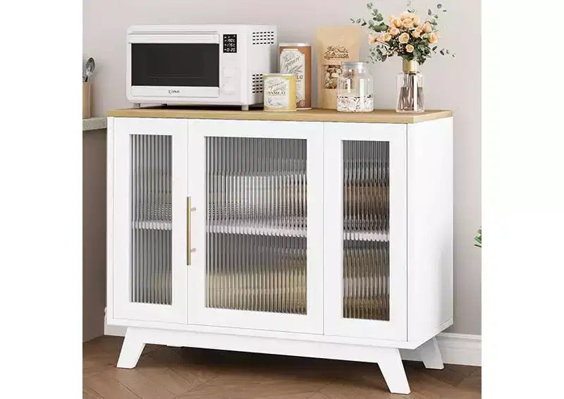 36 Mobiletto credenza da buffet con anta in vetro scanalato, ripiano regolabile, credenza moderna per caffè, per cucina, sala da pranzo