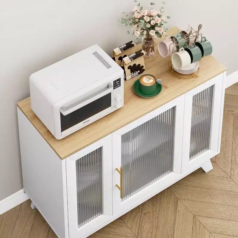 36 Mobiletto credenza da buffet con anta in vetro scanalato, ripiano regolabile, credenza moderna per caffè, per cucina, sala da pranzo