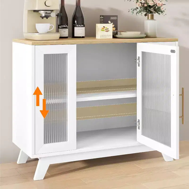 36 Mobiletto credenza da buffet con anta in vetro scanalato, ripiano regolabile, credenza moderna per caffè, per cucina, sala da pranzo