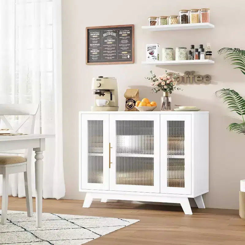 36 Mobiletto credenza da buffet con anta in vetro scanalato, ripiano regolabile, credenza moderna per caffè, per cucina, sala da pranzo