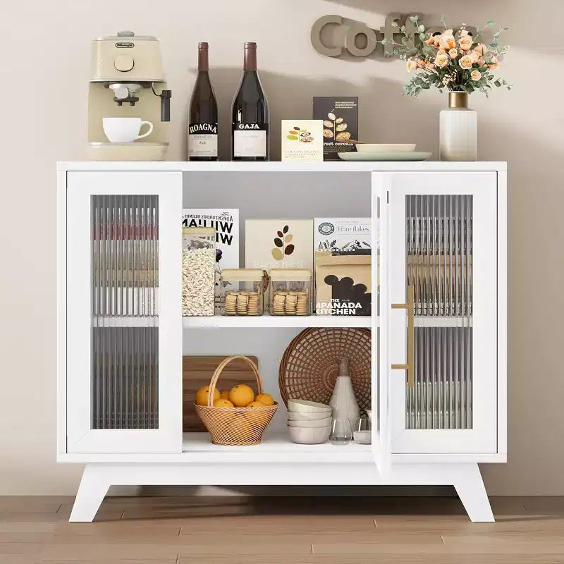 36 Mobiletto credenza da buffet con anta in vetro scanalato, ripiano regolabile, credenza moderna per caffè, per cucina, sala da pranzo