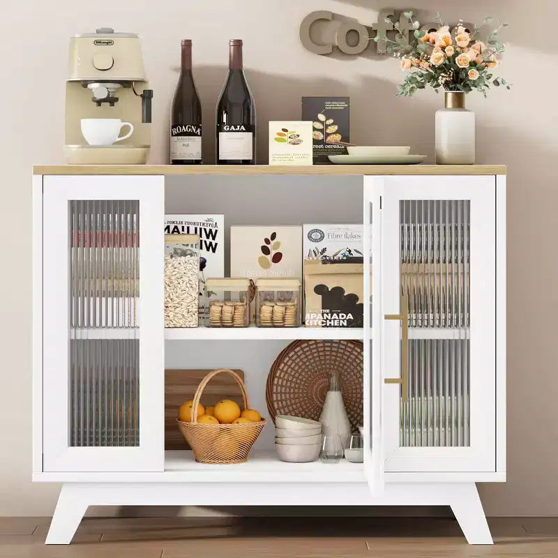 36 Mobiletto credenza da buffet con anta in vetro scanalato, ripiano regolabile, credenza moderna per caffè, per cucina, sala da pranzo
