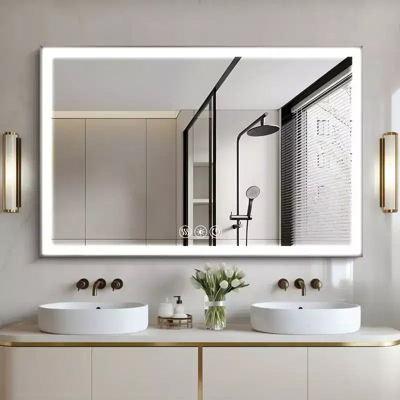 Whisen Bathroom Wall-Mounted Mirror with Aluminum Frame and Dimmable Touch Control, Anti-Fogging, 48x32 - Silver