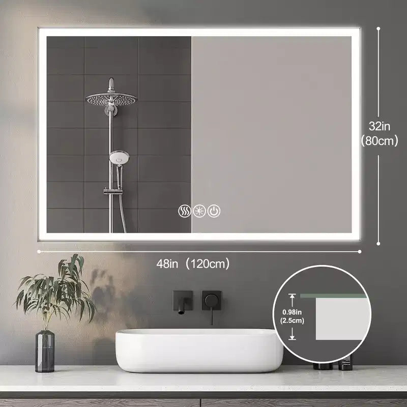 Specchio da Parete per Bagno con Cornice in Alluminio e Controllo Touch Dimmerabile Antiappannamento 48x32 Argento