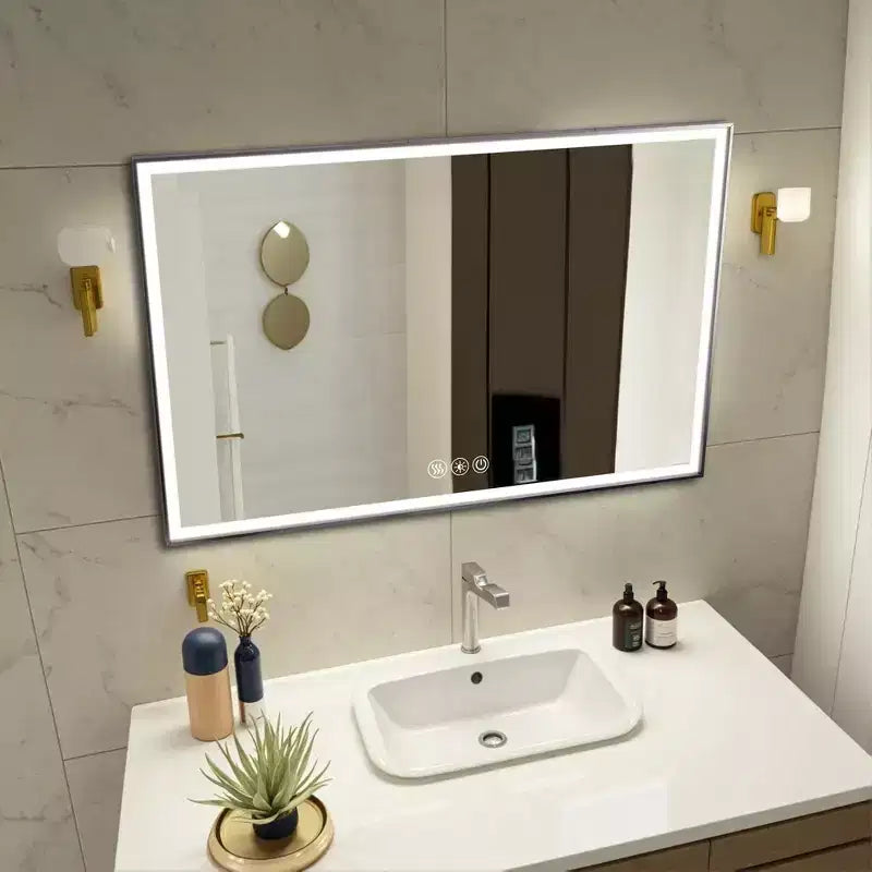 Specchio da Parete per Bagno con Cornice in Alluminio e Controllo Touch Dimmerabile Antiappannamento 48x32 Argento