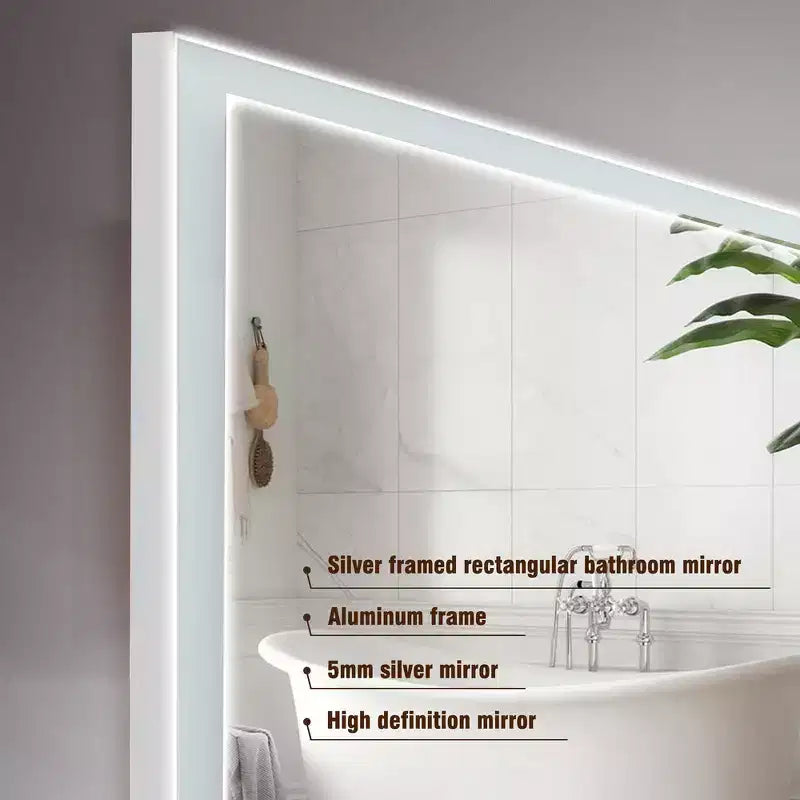 Specchio da Parete per Bagno con Cornice in Alluminio e Controllo Touch Dimmerabile Antiappannamento 48x32 Argento