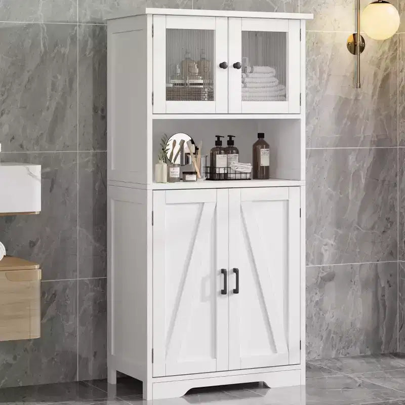 Mobiletto contenitore da fattoria da 54 pollici con ante in vetro, ripiani regolabili, dispensa a colonna autoportante per cucina, bagno, soggiorno