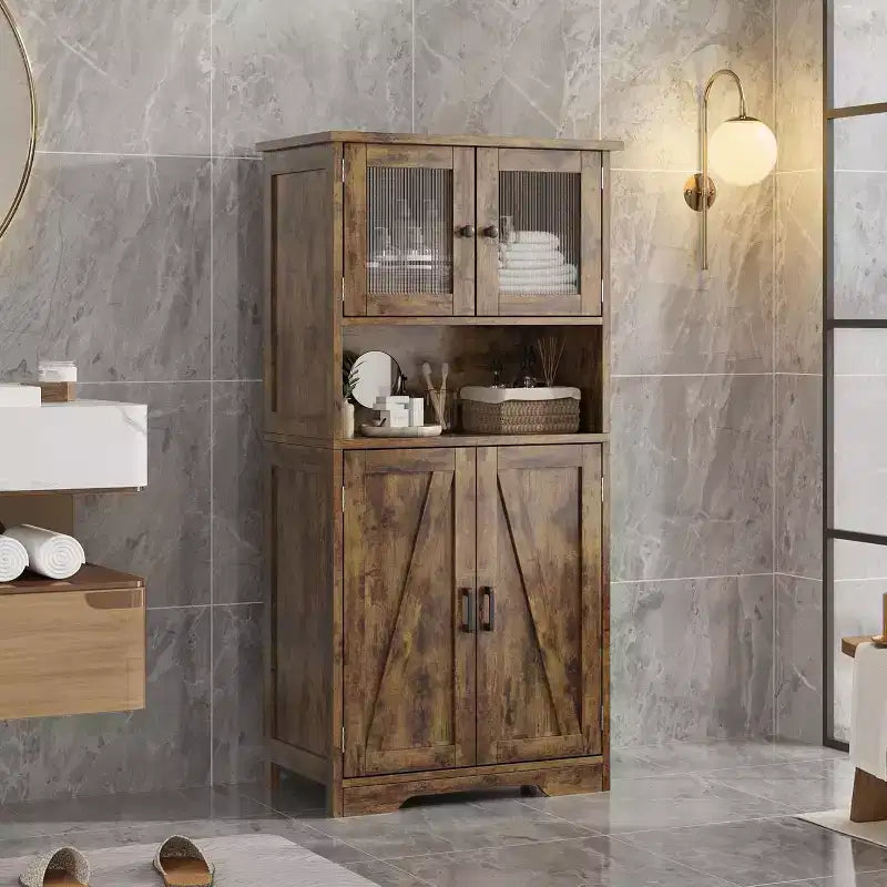 Mobiletto contenitore da fattoria da 54 pollici con ante in vetro, ripiani regolabili, dispensa a colonna autoportante per cucina, bagno, soggiorno