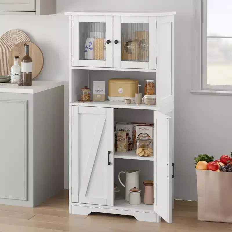 Mobiletto contenitore da fattoria da 54 pollici con ante in vetro, ripiani regolabili, dispensa a colonna autoportante per cucina, bagno, soggiorno