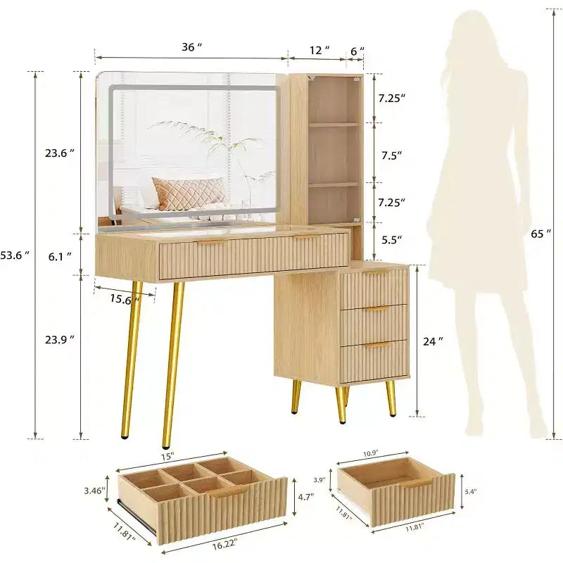 Toeletta da Trucco da 120 cm con Specchio da 90 cm e Luce, 3 Modalità Colore, Piano in Vetro, 5 Cassetti, 3 Ripiani e Prese Integrate per la Camera da Letto