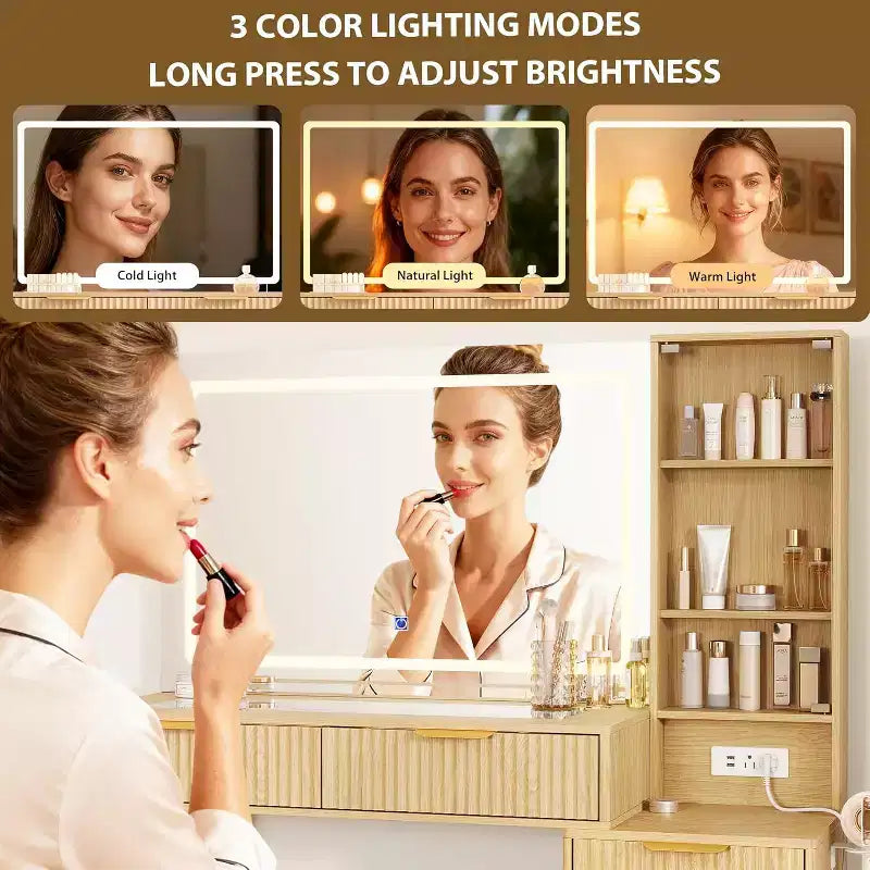 Toeletta da Trucco da 120 cm con Specchio da 90 cm e Luce, 3 Modalità Colore, Piano in Vetro, 5 Cassetti, 3 Ripiani e Prese Integrate per la Camera da Letto