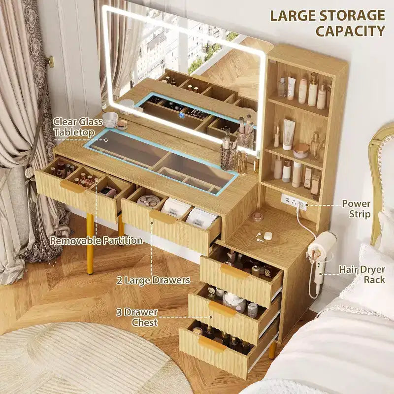 Toeletta da Trucco da 120 cm con Specchio da 90 cm e Luce, 3 Modalità Colore, Piano in Vetro, 5 Cassetti, 3 Ripiani e Prese Integrate per la Camera da Letto