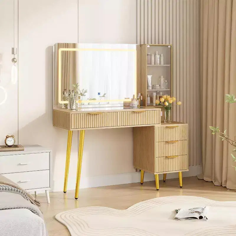 Toeletta da Trucco da 120 cm con Specchio da 90 cm e Luce, 3 Modalità Colore, Piano in Vetro, 5 Cassetti, 3 Ripiani e Prese Integrate per la Camera da Letto
