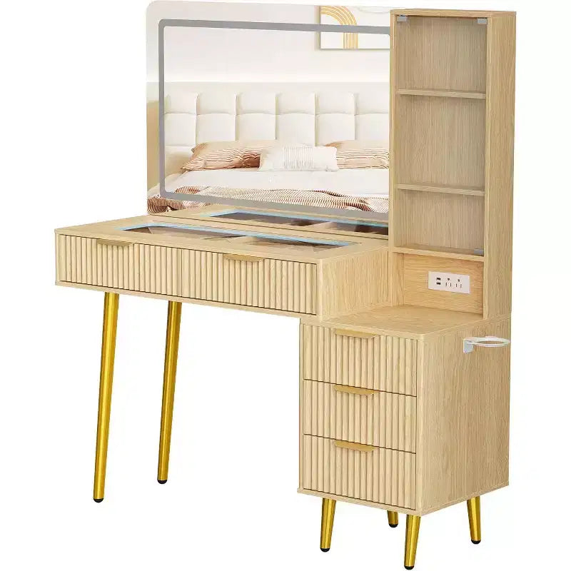 Toeletta da Trucco da 120 cm con Specchio da 90 cm e Luce, 3 Modalità Colore, Piano in Vetro, 5 Cassetti, 3 Ripiani e Prese Integrate per la Camera da Letto
