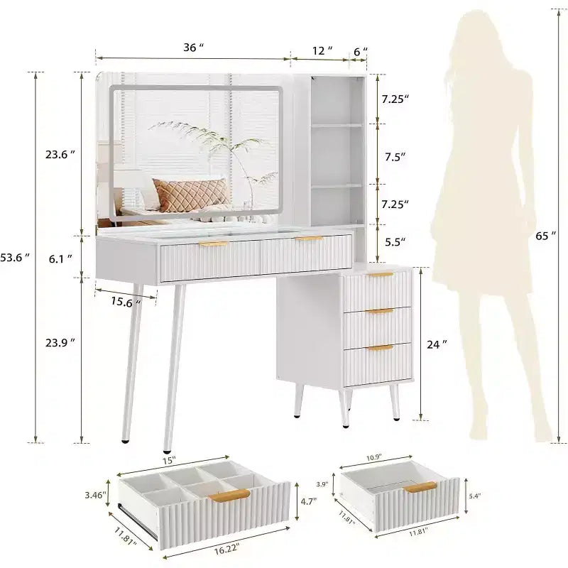 Toeletta da Trucco da 120 cm con Specchio da 90 cm e Luce, 3 Modalità Colore, Piano in Vetro, 5 Cassetti, 3 Ripiani e Prese Integrate per la Camera da Letto