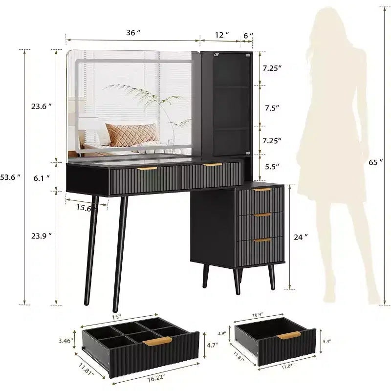 Toeletta da Trucco da 120 cm con Specchio da 90 cm e Luce, 3 Modalità Colore, Piano in Vetro, 5 Cassetti, 3 Ripiani e Prese Integrate per la Camera da Letto