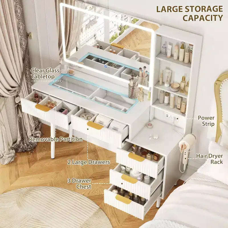 Toeletta da Trucco da 120 cm con Specchio da 90 cm e Luce, 3 Modalità Colore, Piano in Vetro, 5 Cassetti, 3 Ripiani e Prese Integrate per la Camera da Letto
