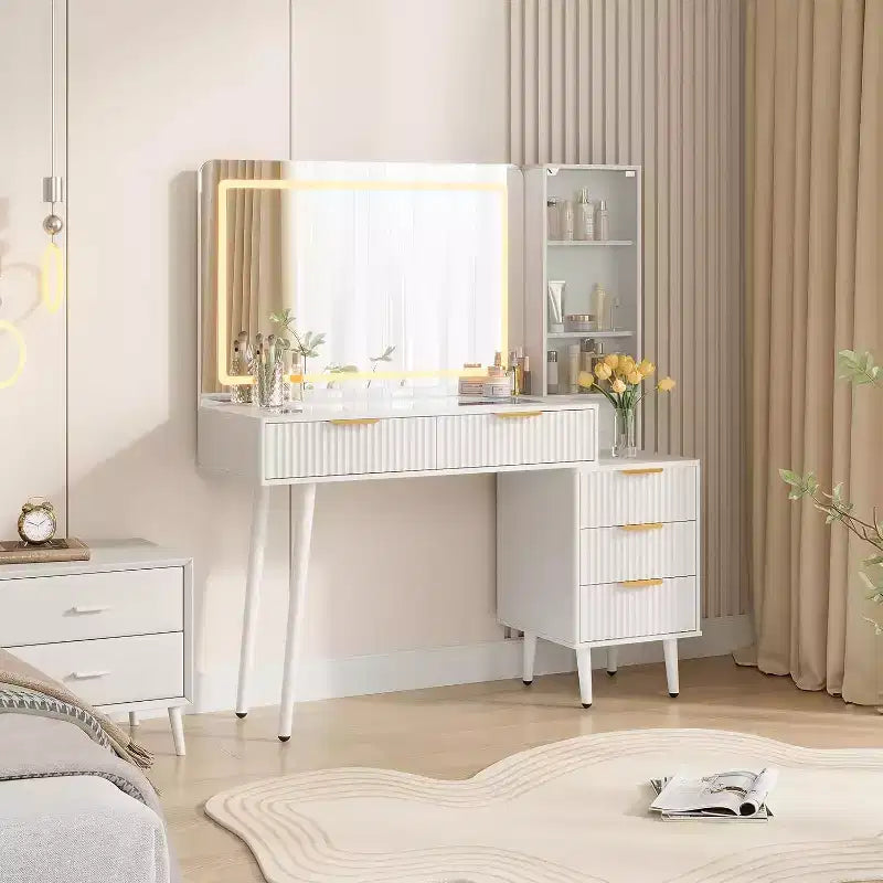 Toeletta da Trucco da 120 cm con Specchio da 90 cm e Luce, 3 Modalità Colore, Piano in Vetro, 5 Cassetti, 3 Ripiani e Prese Integrate per la Camera da Letto