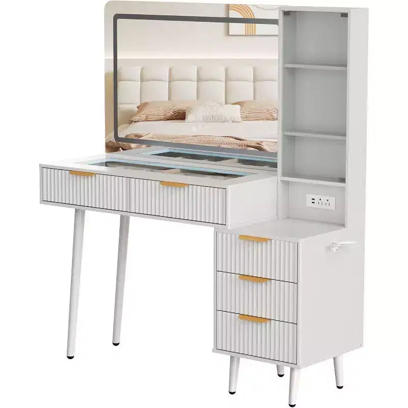 Toeletta da Trucco da 120 cm con Specchio da 90 cm e Luce, 3 Modalità Colore, Piano in Vetro, 5 Cassetti, 3 Ripiani e Prese Integrate per la Camera da Letto