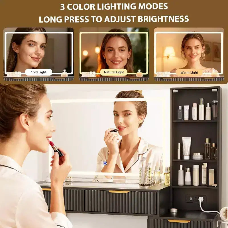 Toeletta da Trucco da 120 cm con Specchio da 90 cm e Luce, 3 Modalità Colore, Piano in Vetro, 5 Cassetti, 3 Ripiani e Prese Integrate per la Camera da Letto