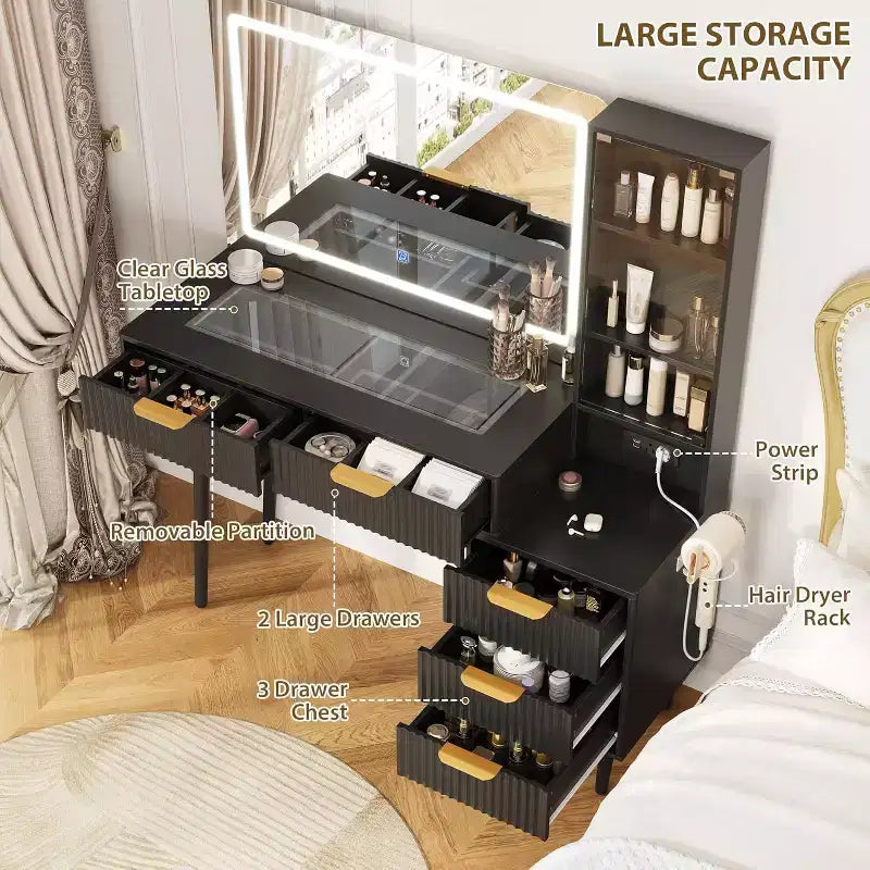Toeletta da Trucco da 120 cm con Specchio da 90 cm e Luce, 3 Modalità Colore, Piano in Vetro, 5 Cassetti, 3 Ripiani e Prese Integrate per la Camera da Letto