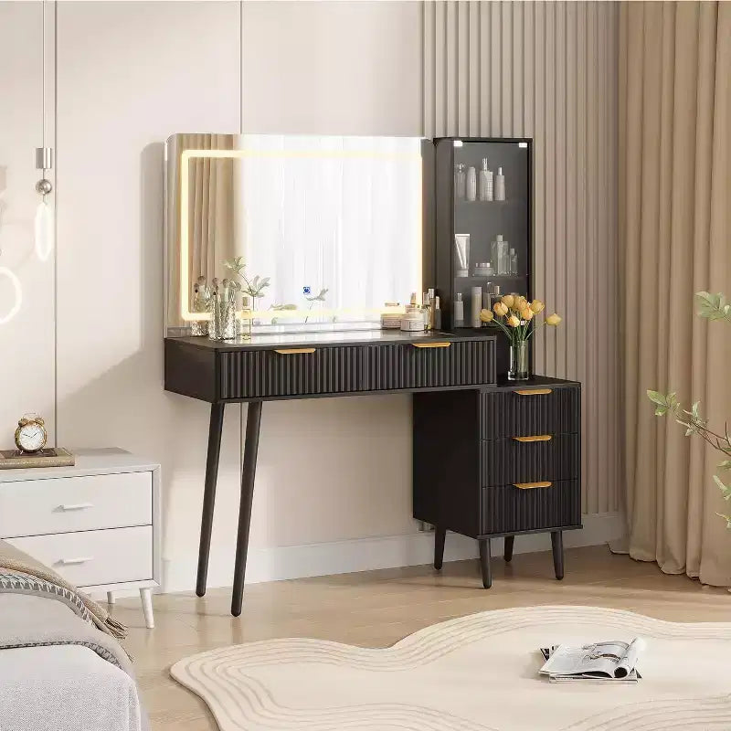 Toeletta da Trucco da 120 cm con Specchio da 90 cm e Luce, 3 Modalità Colore, Piano in Vetro, 5 Cassetti, 3 Ripiani e Prese Integrate per la Camera da Letto