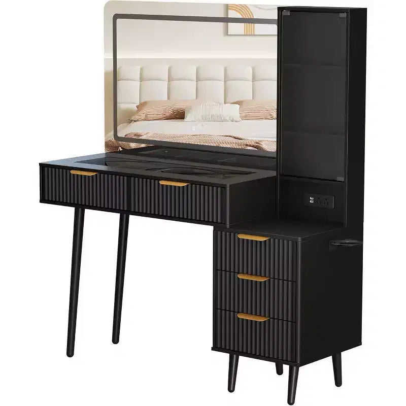 Toeletta da Trucco da 120 cm con Specchio da 90 cm e Luce, 3 Modalità Colore, Piano in Vetro, 5 Cassetti, 3 Ripiani e Prese Integrate per la Camera da Letto