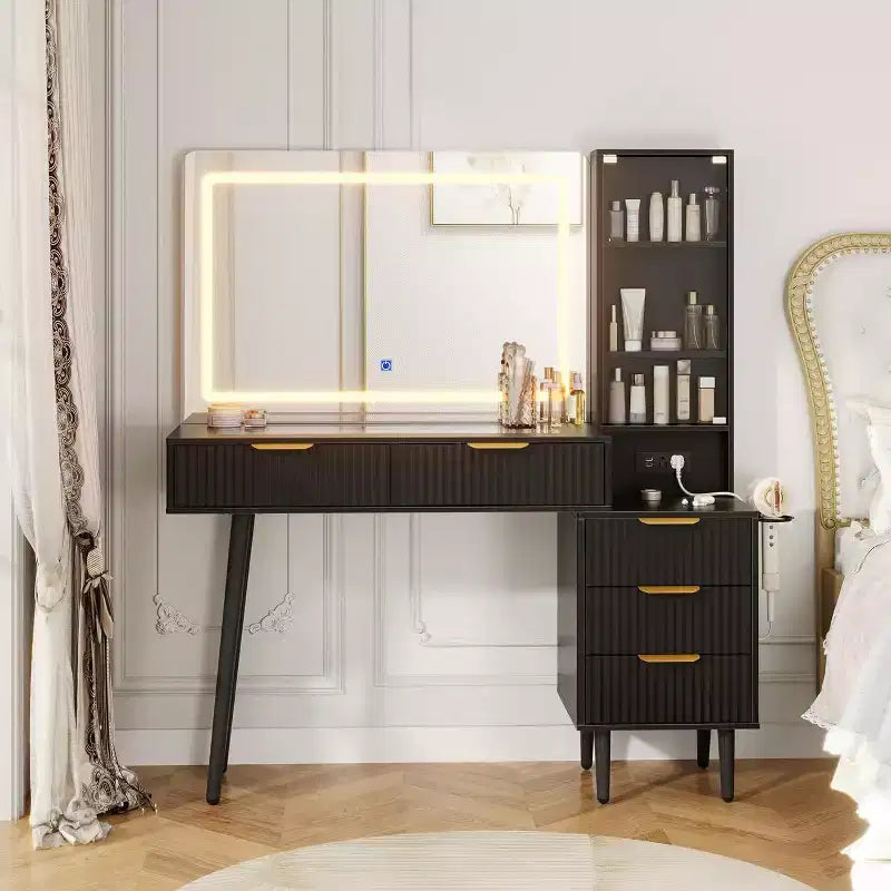 48 Makeup Vanity with 36 Mirror and Light, 3 Color Modes, Glass Top Dressing Table with 5 Drawers, 3 Shelves and Built-in Outlets for Bedroom