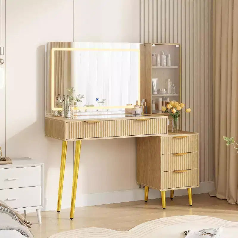 Toeletta da Trucco da 120 cm con Specchio da 90 cm e Luce, 3 Modalità Colore, Piano in Vetro, 5 Cassetti, 3 Ripiani e Prese Integrate per la Camera da Letto